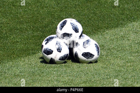 Moscow, Russia. 23rd June, 2018. Soccer: FIFA World Cup, Group G, 2nd matchday, Belgium vs Tunisia at Spartak Stadium: Three official match balls 'Telstar 18' are on the ground prior to the match. Credit: Federico Gambarini/dpa/Alamy Live News Stock Photo