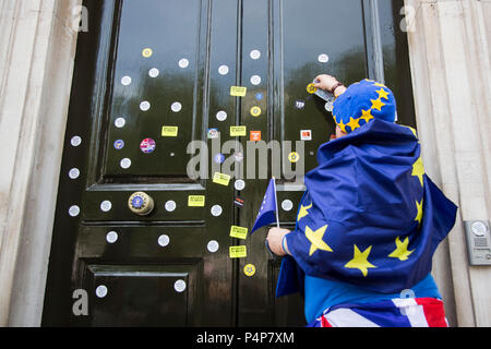 London, UK. 23 June 2018. A protester puts stickers on the front door of the Cabinet Office. Remain supporters and protesters at an Anti-Brexit march and rally for a People's Vote. Photo: Bettina Strenske/Alamy Live News