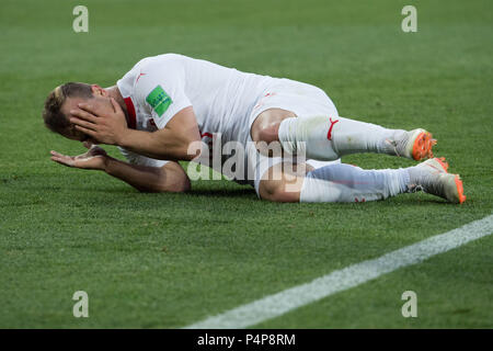 Kaliningrad, Russland. 23rd June, 2018. Xherdan SHAQIRI (SUI) is lying on the pitch, full figure, landscape, lying, Serbia (SRB) - Switzerland (SUI) 1: 2, preliminary round, Group E, match 26, on 22.06.2018 in Kaliningrad; Football World Cup 2018 in Russia from 14.06. - 15.07.2018. | usage worldwide Credit: dpa/Alamy Live News Stock Photo