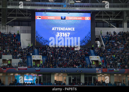 Kaliningrad, Russland. 23rd June, 2018. Number of spectators on the scoreboard, display, monitor, video wall, screen, add-on, feature, general, border motif, Serbia (SRB) - Switzerland (SUI) 1: 2, preliminary round, group E, match 26, on 22.06.2018 in Kaliningrad; Football World Cup 2018 in Russia from 14.06. - 15.07.2018. | usage worldwide Credit: dpa/Alamy Live News Stock Photo
