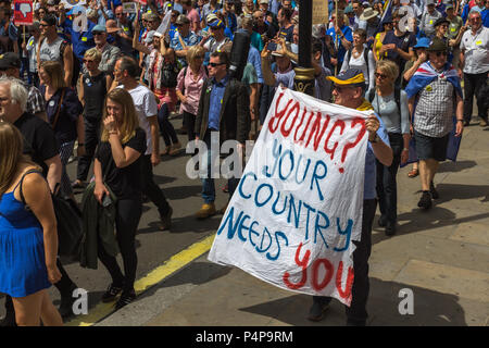 Crowds of people march along Whitehall in anti-Brexit protest, carrying flags, banners and placards Stock Photo