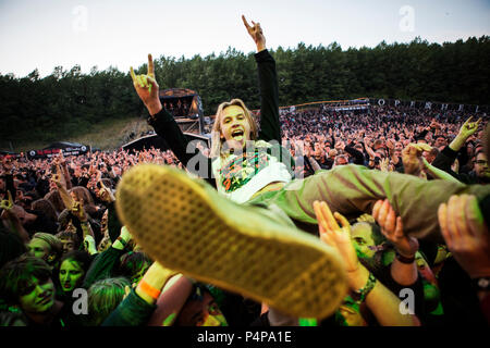 Denmark, Copenhagen - June 22, 2018. Heavy metal fans are crowd surfing during a live concert with the German thrash metal band Kreator at Copenhell 2018 in Copenhagen. (Photo credit: Gonzales Photo - Christian Hjorth). Credit: Gonzales Photo/Alamy Live News Stock Photo