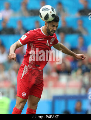 Moscow, Russia. 23rd June, 2018. Yassine Meriah of Tunisia competes for a header during the 2018 FIFA World Cup Group G match between Belgium and Tunisia in Moscow, Russia, June 23, 2018. Belgium won 5-2. Credit: Yang Lei/Xinhua/Alamy Live News Stock Photo