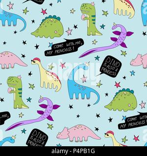 Dino is also princess vector seamless pattern cartoon dinosaur background Stock Vector