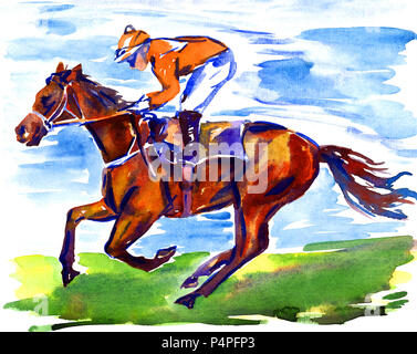 Athlete jockey on horseback participating in racing on the racetrack on a sunny summer day, hand painted watercolor illustration Stock Photo