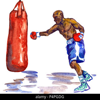 Boxer during training boxing on red punching bag, hand painted watercolor illustration Stock Photo