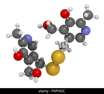 Pyritinol (pyridoxine disulfide) cognitive and learning disorder drug molecule. Also used in nootropic dietary supplements. 3D rendering. Atoms are re Stock Photo