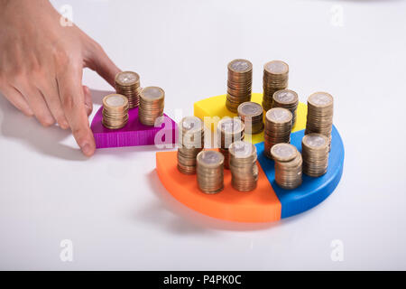 Close-up Of A Businessperson's Hand Placing Last Pink Piece With Stacked Coins Into Pie Chart Stock Photo