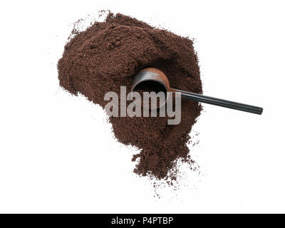 Isolated top view of ground coffee with scoop Stock Photo