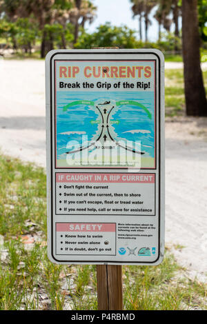 Rip current safety warning sign - Dania Beach, Florida, USA Stock Photo