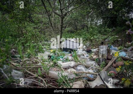 Piles of refuse, mainly plastic, abandoned amongst trees in urban woodland, West Midlands, UK. Stock Photo