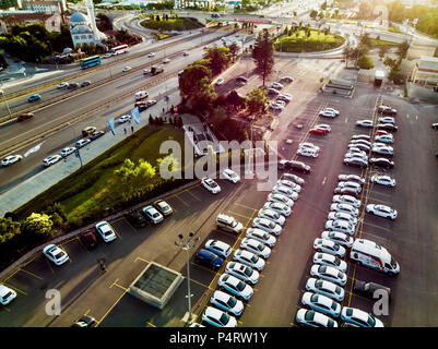 Istanbul, Turkey - February 23, 2018: Aerial Drone View of Kartal Soganlik Car Park E5 D100 Highway. City View. Stock Photo