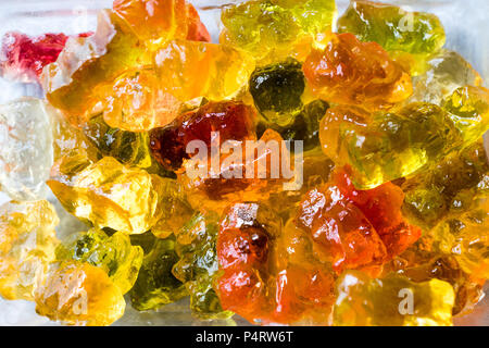 Gummy Bears with Vodka in Glass Bowl. Alcoholic Confectionery Food. Stock Photo