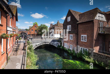 Winchester City Bridge, over the river Itchen with the Winchester City Mill in the background Stock Photo