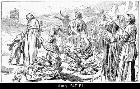 Engraving of Alesians begging for food from Caesar after being expelled from their homes. From Caesar's Gallic War, 1916. Stock Photo