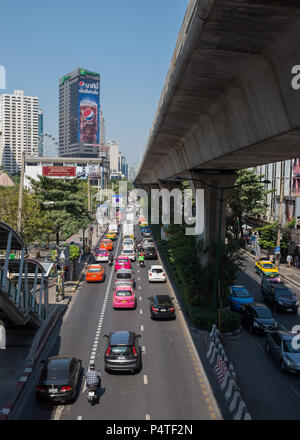 Elevated View of traffic on Sukhumvit Road, Bangkok, Thailand, Asia. Stock Photo