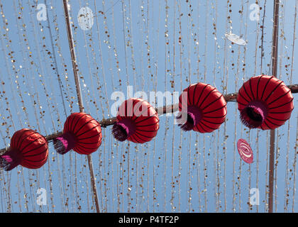 Low angle view of Chinese New Year decoration with Chinese lanterns, Bangkok, Thailand, Asia. Stock Photo