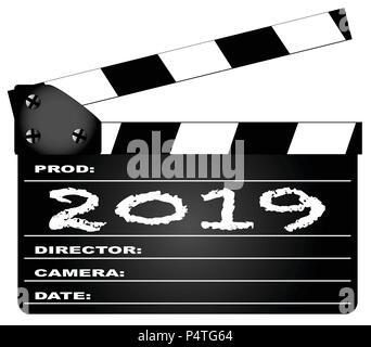 A typical movie clapperboard with the legend 2019 isolated on white. Stock Vector