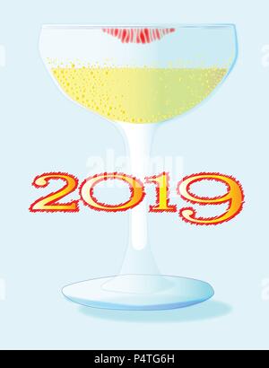 A glass of champagne with a lipstick stainset on a light blue background and the year 2019 Stock Vector