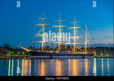 River Trave with the four-masted barque Passat, blue hour, Travemünde, Baltic Sea, Schleswig-Holstein, Germany Stock Photo