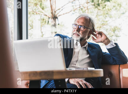 Mature businessman sitting at table in a cafe with laptop Stock Photo