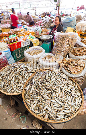 Dried fish on sale in market, Pakse, Laos Stock Photo