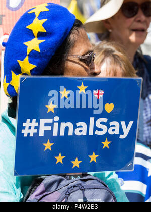 London, UK. 23 June 2018.Anti-Brexit march and rally for a People's Vote in Central London. Protester demanding a Final Say. Stock Photo