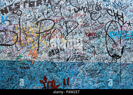 Close-up on the hand written scribbles of the La Bodeguita del Medio exterior wall in Havana, Cuba. Stock Photo