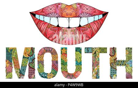 Hand-painted art design. Hand drawn illustration word MOUTH with silhouette of lips for t-shirt and other decoration Stock Vector