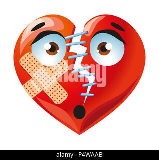 Sad broken cute red heart with adhesive plaster cartoon illustration Stock Vector
