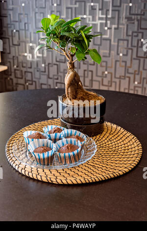 Bonsai along with freshly baked home made muffins on black dining table Stock Photo