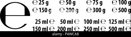 Estimated e sign (e-mark) with correct dimensions as per EU Directive 71/316. Versions with commonly used weights and volumes for food and cosmetics l Stock Vector