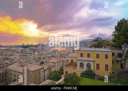 Panoramic view of the city of Genoa at sunset - Liguria - Italy Stock Photo