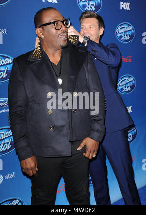 Randy Jackson and Ryan Seacrest arriving at the American Idol Premiere Event at the Royce Hall in Los Angeles.Randy Jackson 22  Event in Hollywood Life - California, Red Carpet Event, USA, Film Industry, Celebrities, Photography, Bestof, Arts Culture and Entertainment, Topix Celebrities fashion, Best of, Hollywood Life, Event in Hollywood Life - California, Red Carpet and backstage, movie celebrities, TV celebrities, Music celebrities, Topix, actors from the same movie, cast and co star together.  inquiry tsuni@Gamma-USA.com, Credit Tsuni / USA, 2013 - Group, TV and movie cast Stock Photo