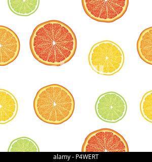 Seamless pattern of oranges, lemons, limes, grapefruits. Vector illustration. Food wallpapers from citrus fruit Stock Vector