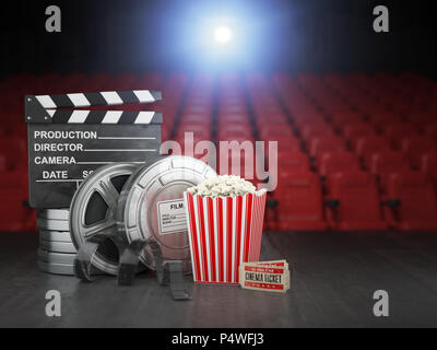 Cinema, movie or home video concept background. Film reels, clapper board  and pop corn in the theater movie cinema screen with empty seats. 3d illust Stock Photo