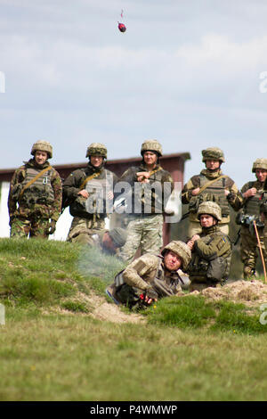 A Ukrainian soldier assigned to 1st Airmobile Battalion, 79th Air Assault Brigade throws a practice grenade during training led by Yavoriv Combat Training Center trainers at the Yavoriv CTC on the International Peacekeeping and Security Center, near Yavoriv, Ukraine, on May 10.    Yavoriv CTC staff, along with mentors from the U.S. Army's 45th Infantry Brigade Combat Team, lead grenade familiarization and employment training with soldiers from the 1-79th during the battalion's rotation through the Yavoriv CTC. The 45th is deployed to Ukraine as part of the Joint Multinational Training Group-Uk Stock Photo
