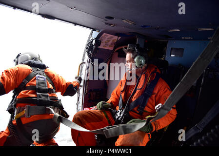 GULF OF ALASKA -   U.S. Coast Guard Aviation Maintenance Technician 2nd Class Joe Garofolo, assigned to Air Station Kodiak, Alaska, and Lt. Gen. Ken Wilsbach, Commander, U.S. Alaska Command, survey the flight deck of Arleigh Burke-class guided-missile destroyer USS O'Kane (DDG 77) in the Gulf of Alaska before landing. Northern Edge 2017 is Alaska's premiere joint-training exercise designed to practice operations, techniques, and procedures as well as enhance interoperability among the services. Thousands of participants from all the services; Sailors, Airmen, Soldiers, Marines, and Coast Guard Stock Photo