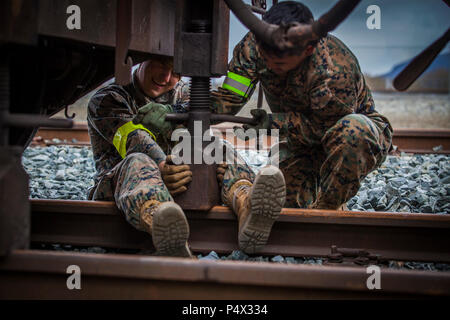 U.S. Marine Lance Cpl. Lucas Daniels, left, a motor vehicle operator with Headquarters Company, Combat Logistics Regiment 45, 4th Marine Logistics Group, and Lance Cpl. Jess Guillermo, a landing support specialist with 2nd Transportation Support Battalion, Combat Logistics Regiment 2, 2nd Marine Logistics Group, install a support beam under a railcar in Hell, Norway, May 9, 2017. The Marines added the beam to support the weight of an M1A1 Abrams tank that was loaded during Strategic Mobility Exercise 17 (STRATMOBEX). STRATMOBEX was an evaluation of the readiness of equipment kept in Norway for Stock Photo