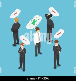 Flat 3d isometric positive thinking businessman in the crowd of negative thinking people. Think positive concept. Stock Vector
