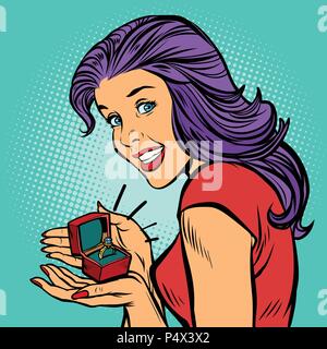 happy woman, engagement ring, romance and love Stock Vector