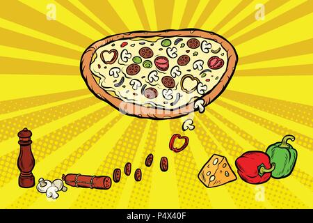 pizza ingredients cheese sausage peppers mushrooms Stock Vector