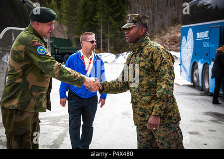 Capt. Ola Gilberg, Frigaard Cave Manager, left, and U.S. Marine Corps Sgt. Maj. Christopher Robinson, right, U.S. Marine Corps Forces Command Sergeant Major, shake hands after a tour of a cave site in Norway, May 9, 2017. The tour was given to senior Marines to show them the workings of Marine Corps Prepositioning Program Norway (MCPP-N). MCPP-N was created to support the rapid aggregation of a flexible Marine Air Ground Task Force. Stock Photo