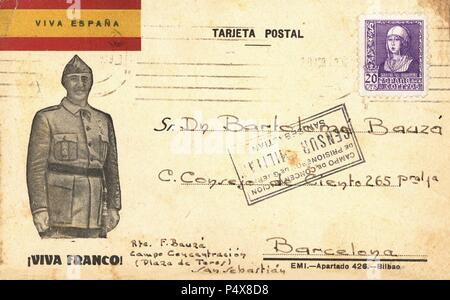 Tarjeta postal del campo de concentración de San Sebastián  (plaza de toros), circulada el 19 de abril de 1939, con censura militar. Stock Photo