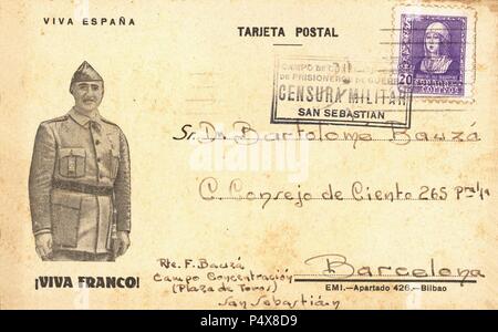 Tarjeta postal del campo de concentración de San Sebastián  (plaza de toros), circulada el 20 de abril de 1939, con censura militar. Stock Photo
