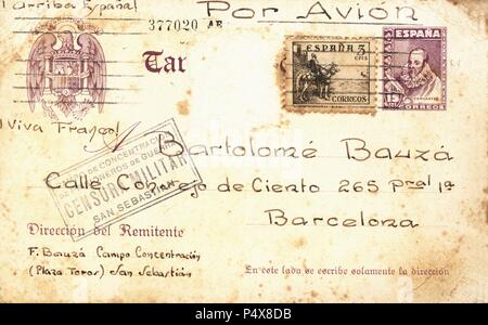 Tarjeta postal del campo de concentración de San Sebastián  (plaza de toros), circulada el 17 de abril de 1939, con censura militar. Stock Photo
