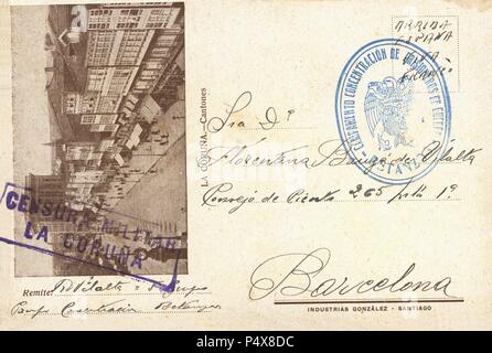Tarjeta postal del campo de concentración de Betanzos (Galicia), circulada el 22 de marzo de 1939, con censura militar. Stock Photo