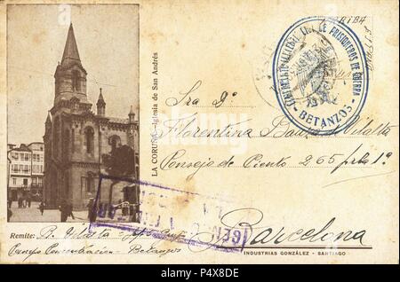 Tarjeta postal del campo de concentración de Betanzos (Galicia), circulada el 21 de abril de 1939, con censura militar. Stock Photo