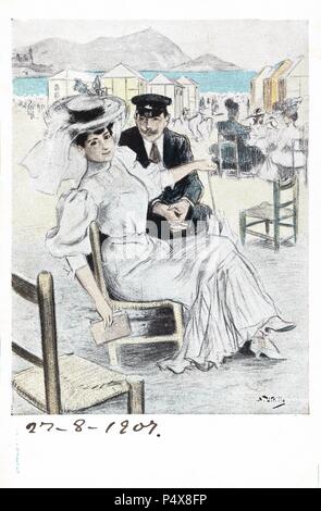 Tarjeta postal. Escenas de baño en la costa de Barcelona. Hombre y mujer sentados en una silla en la playa. Años 1905. Stock Photo