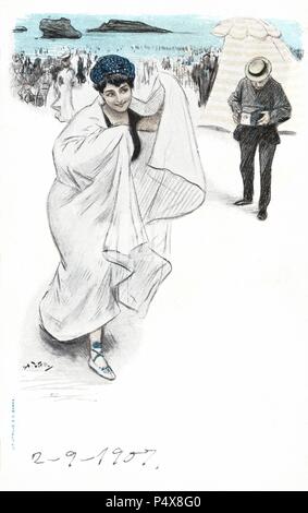 Tarjeta postal. Escenas de baño en la costa de Barcelona. Mujer cubierta con una toalla después del baño. Años 1905. Stock Photo